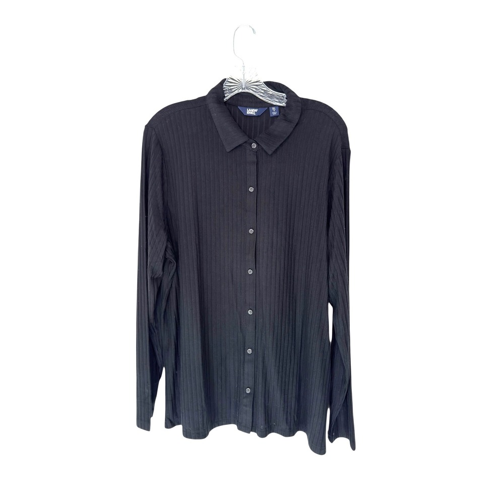 Lands' End Button Up Shirt Black Long Sleeve Ribbed Plus Basic Classy Size XL/18